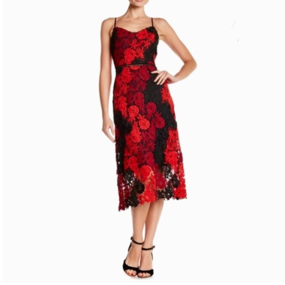Bebe Red & Black Floral Crochet Lace Midi Dress